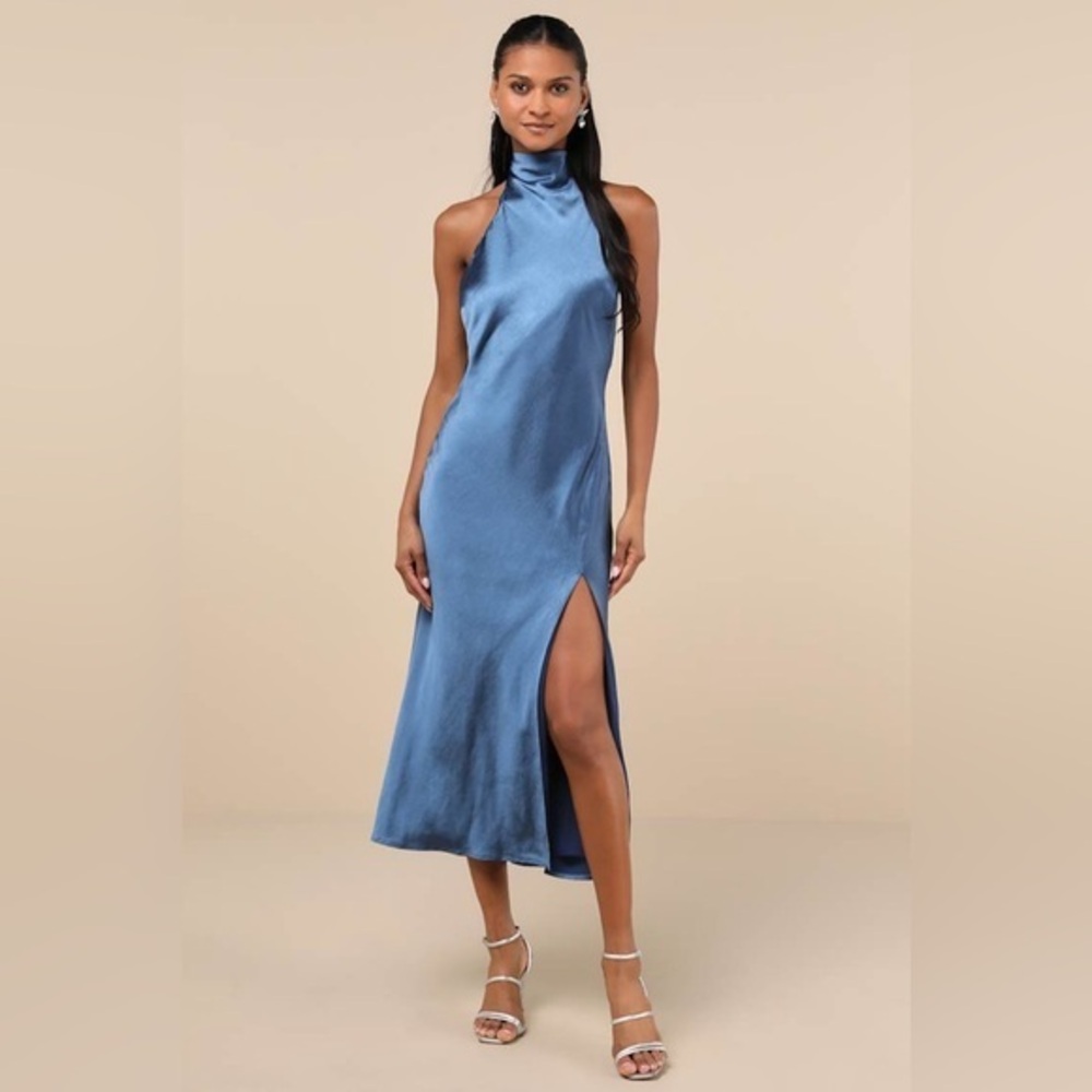 LULU’S EXCEPTIONAL STATUS HALTER BACKLESS SLIP MIDI DRESS